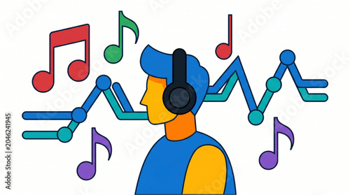 Man with headphones enjoying music with colorful notes and sound waves visualized around him