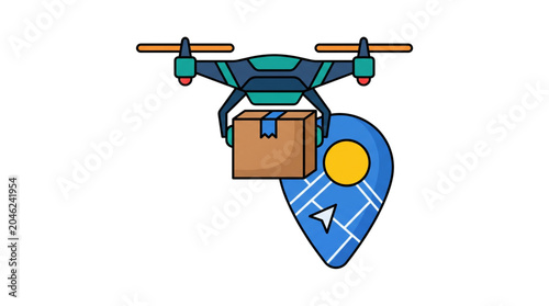 Modern Drone Technology Delivering a Package to a Geographic Pin, Symbolizing Efficient Logistics and Future Transportation Services