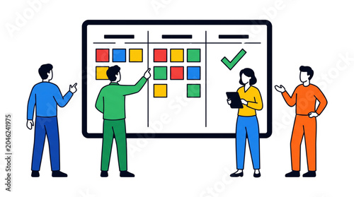 Agile Team Collaborating on Project Management Whiteboard, Strategizing Tasks and Tracking Progress for Efficient Business Workflow