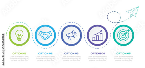 Modern five steps business infographic timeline and startup growth journey with marketing and goal target icons.  vector illustration.