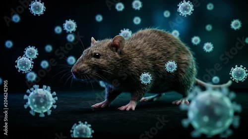 Cinematic brown rat surrounded by floating infectious virus cells