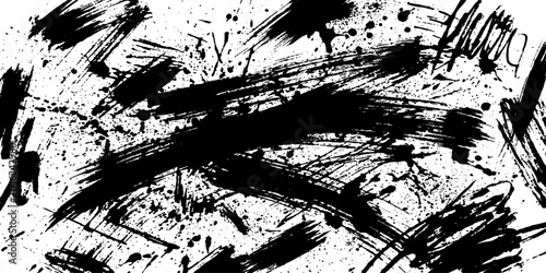 Photography An abstract expressionist painting featuring bold, gestural black brushstrokes and splatters on a white canvas, evoking raw energy and chaotic motion