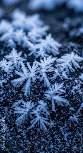 Frozen crystals, icy formations, snowflakes, winter patterns, frosty textures