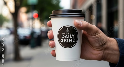 Hand holds a branded takeaway coffee cup labeled with a circular logo during a walk in an urban environment.