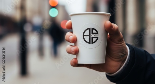 Businessman holds a white paper coffee cup with a circular logo while walking down a busy city street.