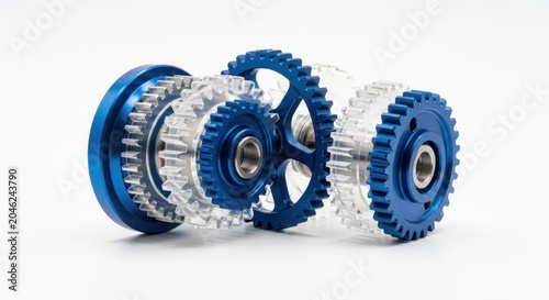 Mechanical gears, blue and silver cogwheels, industrial machine parts, metallic mechanisms