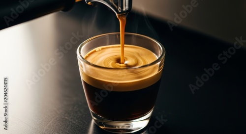 Espresso pours from a professional machine into a clear glass cup to show the rich crema and liquid movement.