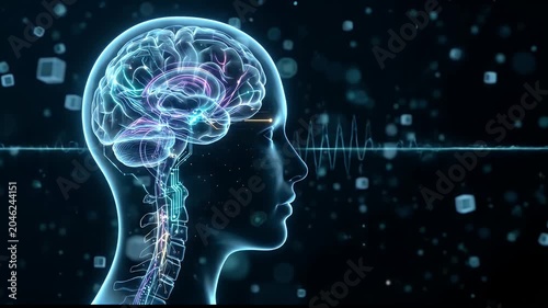 Advanced artificial intelligence neural network in glowing human brain