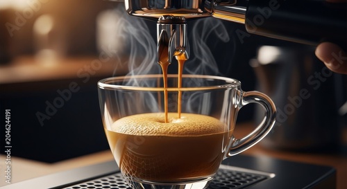 Espresso flows from a professional machine into a clear glass cup creating a rich crema and rising steam.