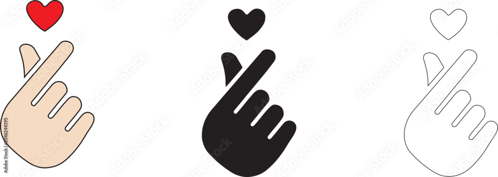 Obraz premium Cute Finger Heart Gesture Icon Set with Love Heart Symbol Cartoon Hand Illustration