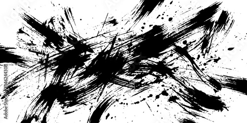Schilderij op canvas Dynamic black ink splatters and brush strokes explode across a stark white background, creating an abstract expression of raw energy and motion