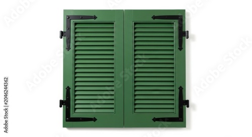 Green shutter, closed louvered shutters, exterior window cover, green window shutter