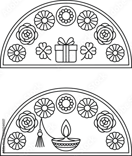 Black and white floral and geometric patterns with a teapot and cup