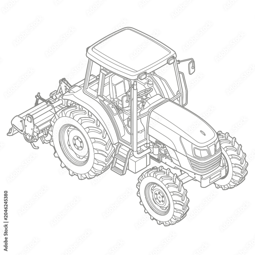 Obraz premium Isometric Farm Tractor with Rotary Tiller Attachment