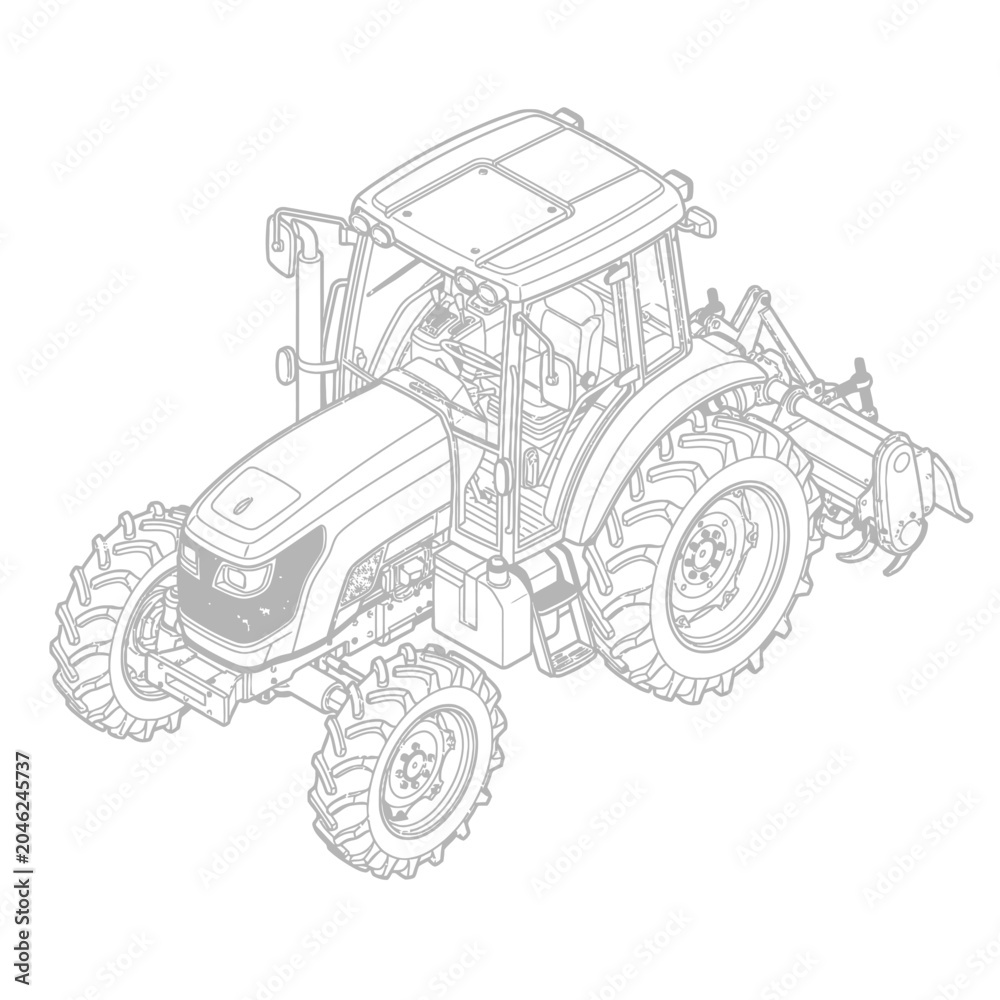Obraz premium Isometric Farm Tractor Technical Line Art Drawing