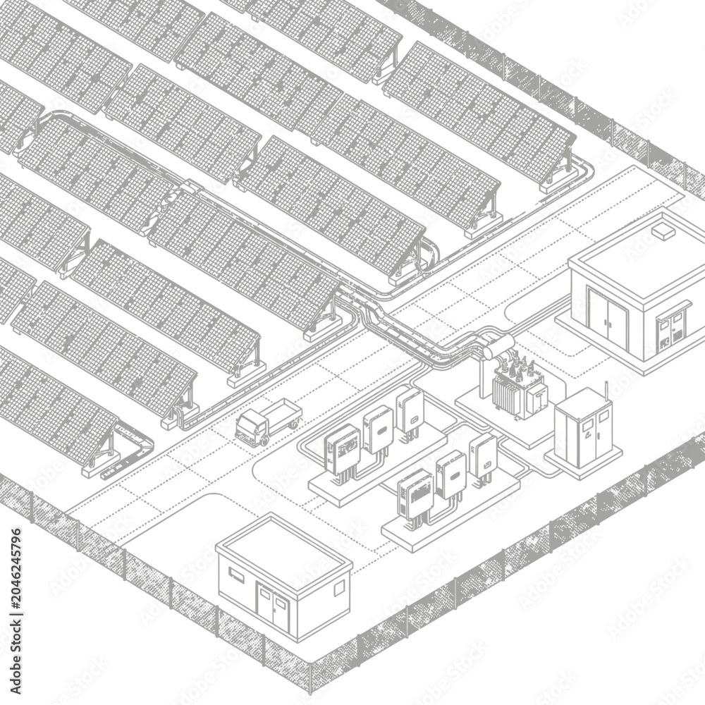 Fototapeta premium Solar farm infrastructure with photovoltaic panels and inverters