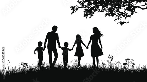 Family silhouette walking together in nature parents and children holding hands in black outline
