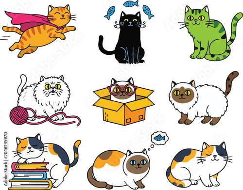 cute cartoon cat collection with playful kittens yarn books boxes and funny poses vector set