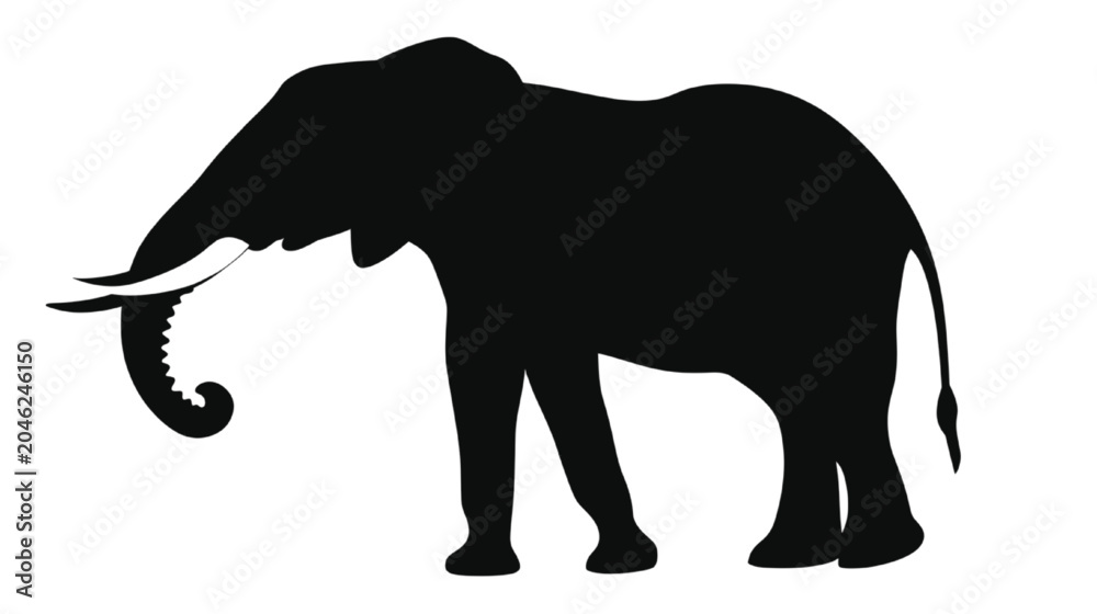 Obraz premium Black silhouette of an elephant standing with tusks and curled trunk on white background