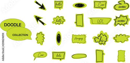 A vibrant doodle collection of speech bubbles and text labels in various shapes and styles with bright green and black colors