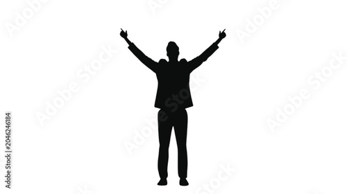 Silhouette of a man in a suit with arms raised in triumph or celebration on white background