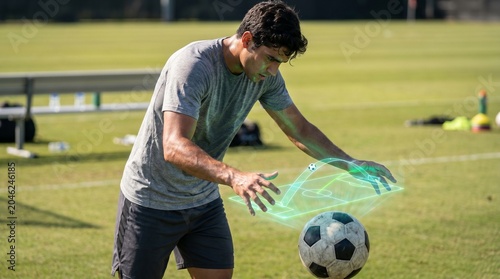 Athlete engages with holographic data overlay for advanced soccer training