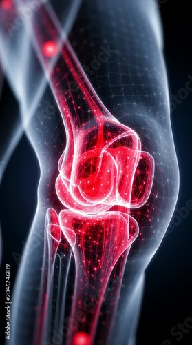 3D medical illustration of a human knee joint showing bone structure with red glowing areas indicating pain, inflammation, and arthritis on a dark background. vertical video