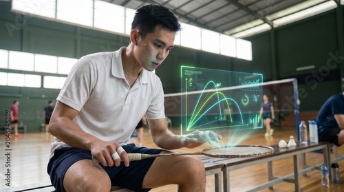Young athlete studying badminton performance data on a holographic display