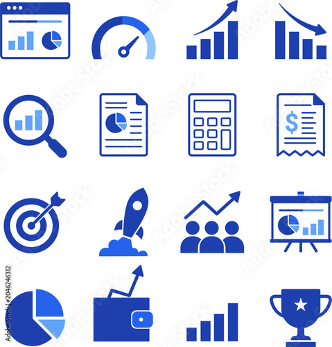 Blue Business and Finance Icons Set Collection Vector Illustration