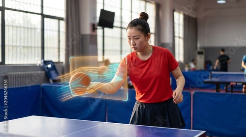 Young woman playing dynamic table tennis with motion tracking visual effects