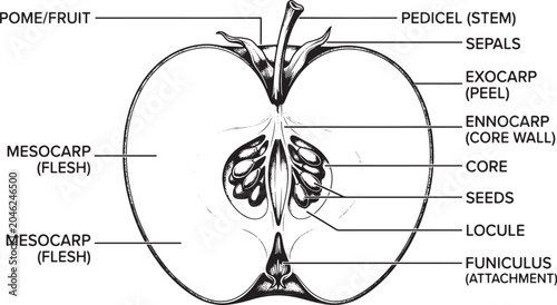 Canvastavla Apple Cross Section Diagram - Anatomy and Parts Detailed diagram of an apple's cross-section, illustrating botanical anatomy including peel, flesh, core, and seeds
