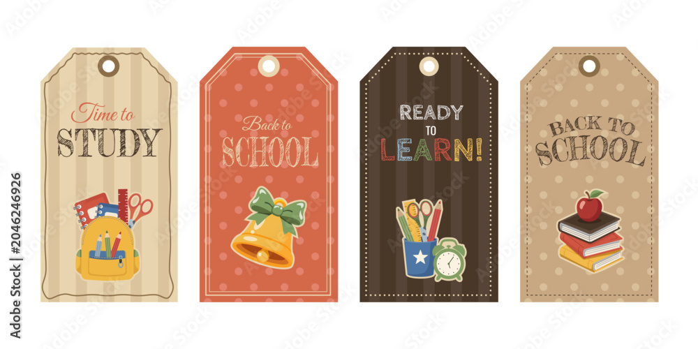 Obraz premium Back to School Gift Tags Set with Vintage Classroom Stationery