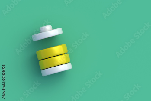 Half of lithium or alkaline battery on green background. Lifepo4 or sodium accumulator. Charge level. Copy space. Top view. 3d render
