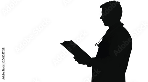 Silhouette of a male doctor reading a medical report on clipboard isolated on white background