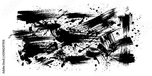 Tableau sur toile Abstract black ink brush strokes and splatters create a dynamic, chaotic, and expressive artistic background, evoking a sense of raw energy and creativity