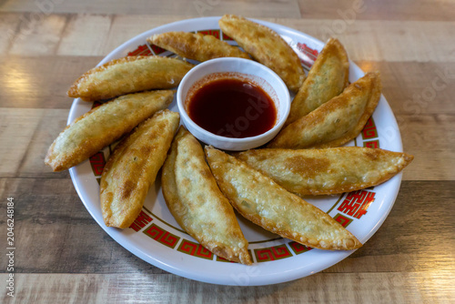 Crispy fried dumplings arranged on a plate with dipping sauce, featuring golden brown texture and appetizing Asian appetizer presentation.