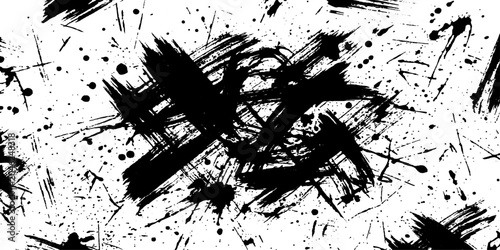 Fotografie Abstract ink splatter pattern with bold black brushstrokes and numerous small dots, creating a dynamic and chaotic textured background