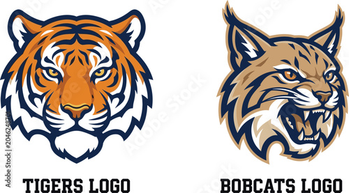 Photography Wild Cat Mascot Logo Set with Tiger and Bobcat Head Vector Illustrations for Esp