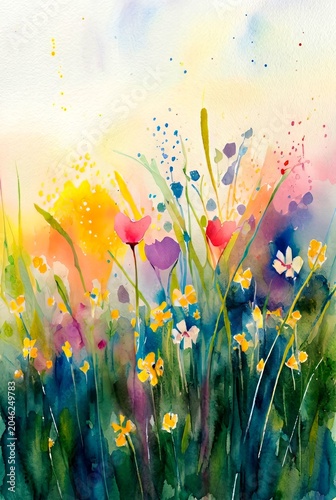 Watercolor of summer flowers in a meadow