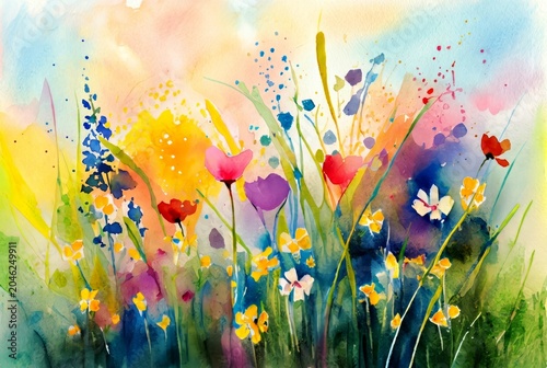 Watercolor of summer flowers in a meadow