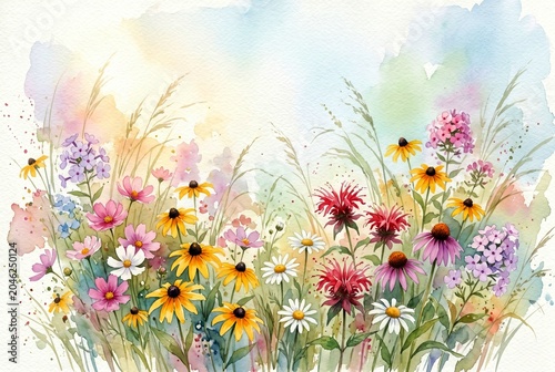 Watercolor of summer flowers in a meadow