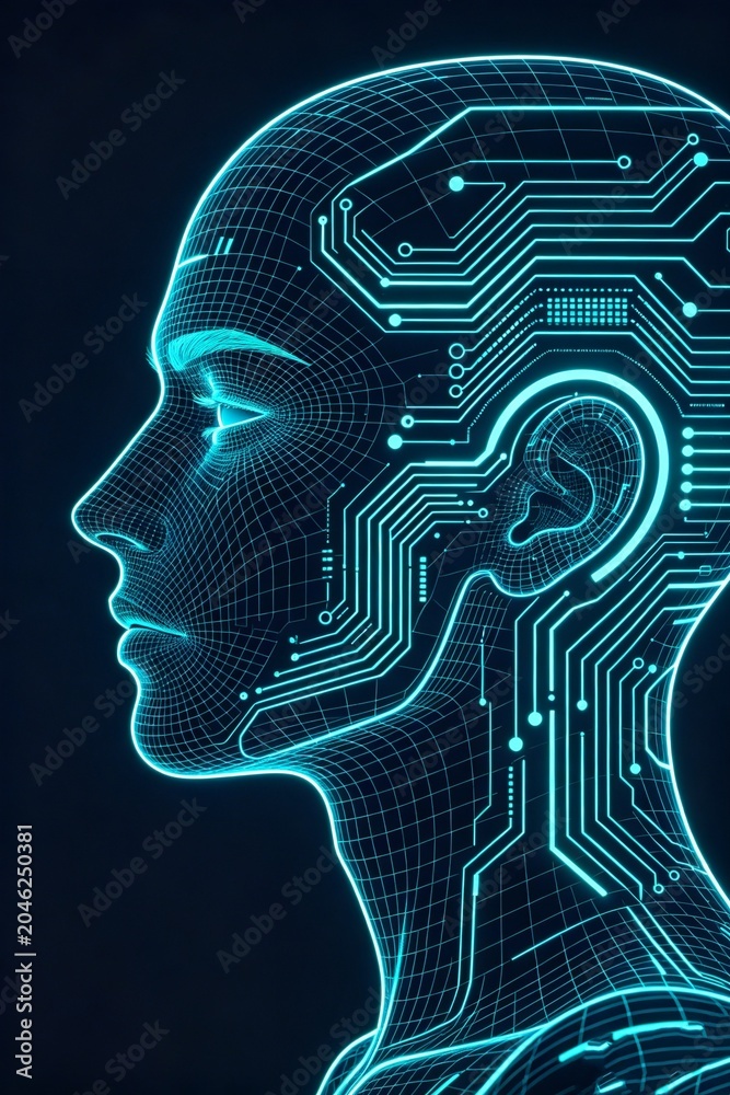 Obraz premium Futuristic Artificial Intelligence Human Face with Glowing Neural Circuit Lines, Cyberpunk Digital Consciousness Concept
