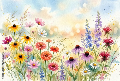 Watercolor of summer flowers in a meadow