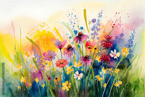 Watercolor of summer flowers in a meadow