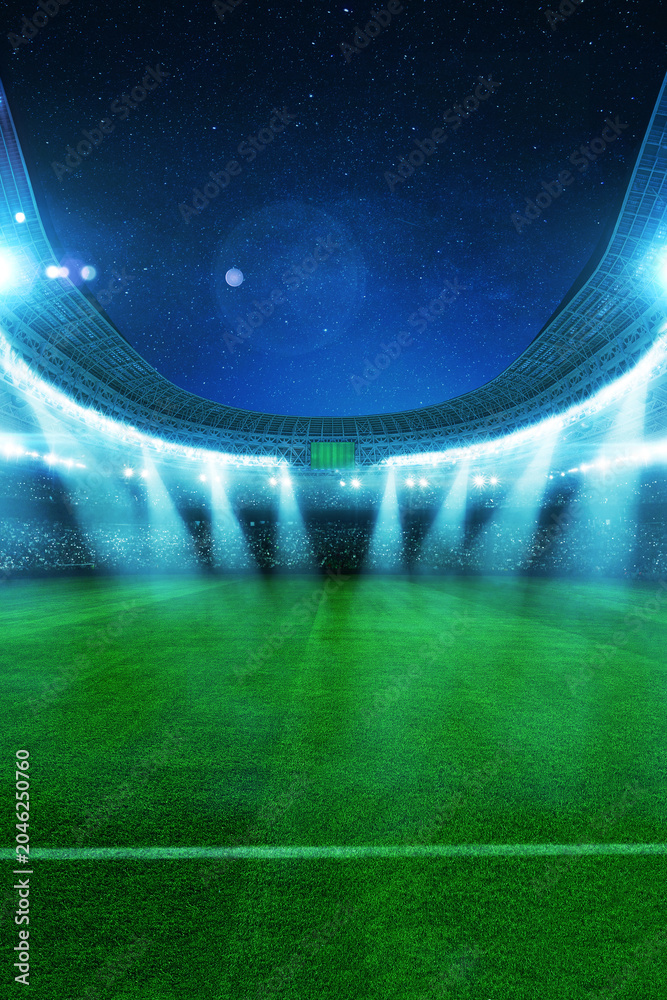 Naklejka premium Vertical view of an empty green soccer field in a huge sports stadium at night under bright spotlights and a starry sky before a match. Professional arena background with copy space for design.