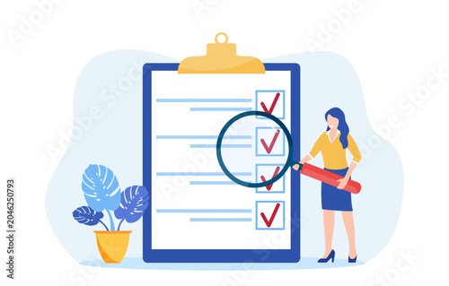 Positive business people with a magnifying glass nearby are marked with a checklist on clipboard paper. Successfully complete business assignments. Vector illustration in flat style