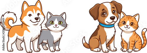 Foto Cute Cartoon Akita Puppy and Kitten Best Friends Vector Set featuring Adorable D