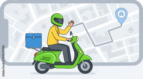 Tableau sur toile Delivery person on scooter with map on smartphone, food delivery service