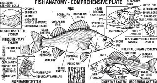 Foto Fish Anatomy Illustration: Comprehensive Diagram Detailed scientific illustration of fish anatomy, clearly labeling internal organs, skeletal structure, and external features for educational purposes
