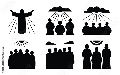 Schilderij op canvas Set of black christian illustrations featuring figures with rays of light and silhouettes